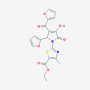 molecular formula C20H16N2O7S B3962931 ETHYL 2-[3-(FURAN-2-CARBONYL)-2-(FURAN-2-YL)-4-HYDROXY-5-OXO-2,5-DIHYDRO-1H-PYRROL-1-YL]-4-METHYL-1,3-THIAZOLE-5-CARBOXYLATE 