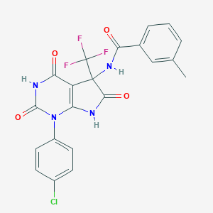molecular formula C21H14ClF3N4O4 B396297 N-[1-(4-CHLOROPHENYL)-2,4,6-TRIOXO-5-(TRIFLUOROMETHYL)-1H,2H,3H,4H,5H,6H,7H-PYRROLO[2,3-D]PYRIMIDIN-5-YL]-3-METHYLBENZAMIDE 