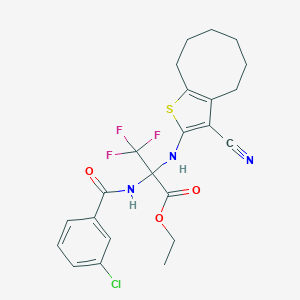 molecular formula C23H23ClF3N3O3S B396301 ethyl 2-[(3-chlorobenzoyl)amino]-2-[(3-cyano-4,5,6,7,8,9-hexahydrocycloocta[b]thien-2-yl)amino]-3,3,3-trifluoropropanoate 