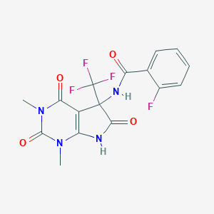 molecular formula C16H12F4N4O4 B396306 N-[1,3-dimethyl-2,4,6-trioxo-5-(trifluoromethyl)-7H-pyrrolo[2,3-d]pyrimidin-5-yl]-2-fluorobenzamide CAS No. 573937-59-4