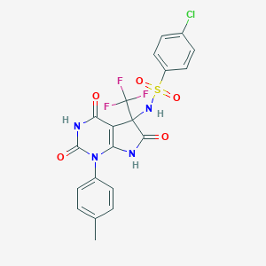 molecular formula C20H14ClF3N4O5S B396311 4-CHLORO-N-[1-(4-METHYLPHENYL)-2,4,6-TRIOXO-5-(TRIFLUOROMETHYL)-1H,2H,3H,4H,5H,6H,7H-PYRROLO[2,3-D]PYRIMIDIN-5-YL]BENZENE-1-SULFONAMIDE CAS No. 606924-48-5
