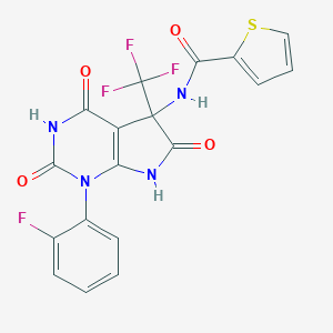 molecular formula C18H10F4N4O4S B396339 N-[1-(2-FLUOROPHENYL)-2,4,6-TRIOXO-5-(TRIFLUOROMETHYL)-1H,2H,3H,4H,5H,6H,7H-PYRROLO[2,3-D]PYRIMIDIN-5-YL]THIOPHENE-2-CARBOXAMIDE 