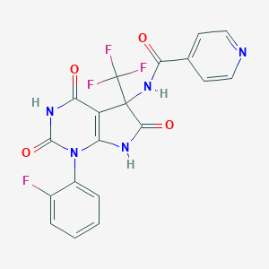 molecular formula C19H11F4N5O4 B396364 N-[1-(2-FLUOROPHENYL)-2,4,6-TRIOXO-5-(TRIFLUOROMETHYL)-1H,2H,3H,4H,5H,6H,7H-PYRROLO[2,3-D]PYRIMIDIN-5-YL]PYRIDINE-4-CARBOXAMIDE 