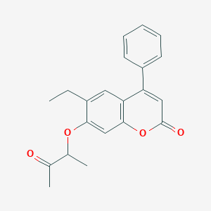 molecular formula C21H20O4 B3963915 6-ethyl-7-[(3-oxobutan-2-yl)oxy]-4-phenyl-2H-chromen-2-one 