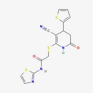 molecular formula C15H12N4O2S3 B3964550 2-{[3-cyano-6-oxo-4-(thiophen-2-yl)-1,4,5,6-tetrahydropyridin-2-yl]sulfanyl}-N-(1,3-thiazol-2-yl)acetamide 