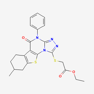 molecular formula C22H22N4O3S2 B3965044 ethyl [(8-methyl-5-oxo-4-phenyl-4,5,6,7,8,9-hexahydro[1]benzothieno[3,2-e][1,2,4]triazolo[4,3-a]pyrimidin-1-yl)thio]acetate 