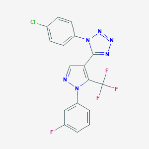 molecular formula C17H9ClF4N6 B396561 1-(4-chlorophenyl)-5-[1-(3-fluorophenyl)-5-(trifluoromethyl)-1H-pyrazol-4-yl]-1H-tetraazole 