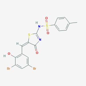 N-[(5E)-5-[(3,5-dibromo-2-hydroxyphenyl)methylidene]-4-oxo-1,3-thiazol-2-yl]-4-methylbenzenesulfonamide