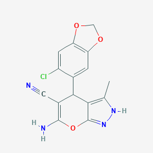 molecular formula C15H11ClN4O3 B397130 6-Amino-4-(6-chloro-1,3-benzodioxol-5-yl)-3-methyl-1,4-dihydropyrano[2,3-c]pyrazole-5-carbonitrile CAS No. 332109-78-1