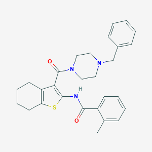 molecular formula C28H31N3O2S B397271 N-{3-[(4-benzyl-1-piperazinyl)carbonyl]-4,5,6,7-tetrahydro-1-benzothien-2-yl}-2-methylbenzamide 