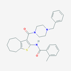 molecular formula C29H33N3O2S B397277 N-[3-(4-BENZYLPIPERAZINE-1-CARBONYL)-4H,5H,6H,7H,8H-CYCLOHEPTA[B]THIOPHEN-2-YL]-2-METHYLBENZAMIDE 