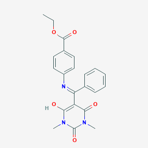 molecular formula C22H21N3O5 B397571 ethyl 4-{[(1,3-dimethyl-2,4,6-trioxotetrahydro-5(2H)-pyrimidinylidene)(phenyl)methyl]amino}benzoate CAS No. 352648-86-3