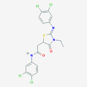 molecular formula C19H15Cl4N3O2S B397904 N-(3,4-dichlorophenyl)-2-{2-[(3,4-dichlorophenyl)imino]-3-ethyl-4-oxo-1,3-thiazolidin-5-yl}acetamide 