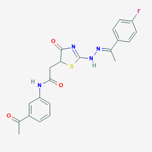molecular formula C21H19FN4O3S B397923 N-(3-acetylphenyl)-2-[2-[(2E)-2-[1-(4-fluorophenyl)ethylidene]hydrazinyl]-4-oxo-1,3-thiazol-5-yl]acetamide 