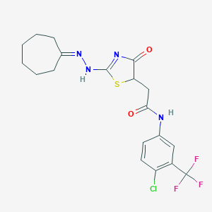 molecular formula C19H20ClF3N4O2S B398133 N-[4-chloro-3-(trifluoromethyl)phenyl]-2-[2-(2-cycloheptylidenehydrazinyl)-4-oxo-1,3-thiazol-5-yl]acetamide 