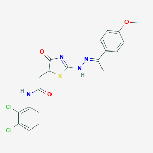 molecular formula C20H18Cl2N4O3S B398134 N-(2,3-dichlorophenyl)-2-[2-[(2E)-2-[1-(4-methoxyphenyl)ethylidene]hydrazinyl]-4-oxo-1,3-thiazol-5-yl]acetamide 