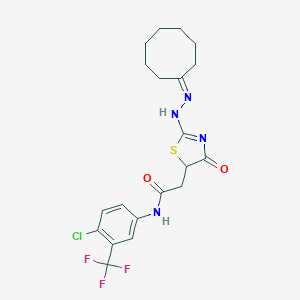 molecular formula C20H22ClF3N4O2S B398135 N-[4-chloro-3-(trifluoromethyl)phenyl]-2-[2-(2-cyclooctylidenehydrazinyl)-4-oxo-1,3-thiazol-5-yl]acetamide 
