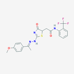 2-[2-[(2E)-2-[1-(4-methoxyphenyl)ethylidene]hydrazinyl]-4-oxo-1,3-thiazol-5-yl]-N-[2-(trifluoromethyl)phenyl]acetamide