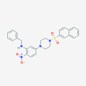 molecular formula C27H26N4O4S B398202 1-{3-(Benzylamino)-4-nitrophenyl}-4-(2-naphthylsulfonyl)piperazine 