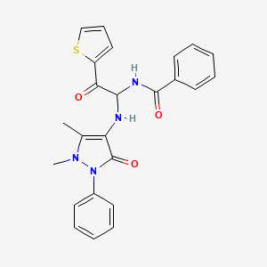 molecular formula C24H22N4O3S B3987386 N-{1-[(1,5-dimethyl-3-oxo-2-phenyl-2,3-dihydro-1H-pyrazol-4-yl)amino]-2-oxo-2-(thiophen-2-yl)ethyl}benzamide 
