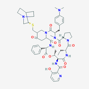 molecular formula C53H67N9O10S B039894 N-[(3S,6S,15S,16R,19S,25R)-25-[[(3S)-1-azabicyclo[2.2.2]octan-3-yl]sulfanylmethyl]-3-[[4-(dimethylamino)phenyl]methyl]-12-ethyl-4,16-dimethyl-2,5,11,14,18,21,24-heptaoxo-19-phenyl-17-oxa-1,4,10,13,20-pentazatricyclo[20.4.0.06,10]hexacosan-15-yl]-3-hydroxypyridine-2-carboxamide CAS No. 120138-50-3