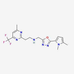 molecular formula C17H19F3N6O B3993712 N-{[5-(1,5-dimethyl-1H-pyrrol-2-yl)-1,3,4-oxadiazol-2-yl]methyl}-2-[4-methyl-6-(trifluoromethyl)pyrimidin-2-yl]ethanamine 