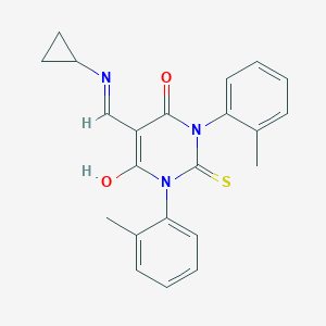 molecular formula C22H21N3O2S B399763 5-[(cyclopropylamino)methylene]-1,3-bis(2-methylphenyl)-2-thioxodihydro-4,6(1H,5H)-pyrimidinedione 
