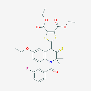 molecular formula C29H28FNO6S3 B400099 DIETHYL 2-[6-ETHOXY-1-(3-FLUOROBENZOYL)-2,2-DIMETHYL-3-THIOXO-2,3-DIHYDRO-4(1H)-QUINOLINYLIDEN]-1,3-DITHIOLE-4,5-DICARBOXYLATE 
