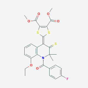 molecular formula C27H24FNO6S3 B400314 DIMETHYL 2-[8-ETHOXY-1-(4-FLUOROBENZOYL)-2,2-DIMETHYL-3-THIOXO-2,3-DIHYDRO-4(1H)-QUINOLINYLIDEN]-1,3-DITHIOLE-4,5-DICARBOXYLATE 