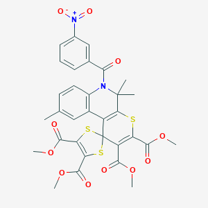 molecular formula C32H28N2O11S3 B400315 TETRAMETHYL 5',5',9'-TRIMETHYL-6'-(3-NITROBENZOYL)-5',6'-DIHYDROSPIRO[1,3-DITHIOLE-2,1'-THIOPYRANO[2,3-C]QUINOLINE]-2',3',4,5-TETRACARBOXYLATE 