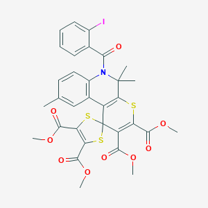 molecular formula C32H28INO9S3 B400318 TETRAMETHYL 6'-(2-IODOBENZOYL)-5',5',9'-TRIMETHYL-5',6'-DIHYDROSPIRO[1,3-DITHIOLE-2,1'-THIOPYRANO[2,3-C]QUINOLINE]-2',3',4,5-TETRACARBOXYLATE 