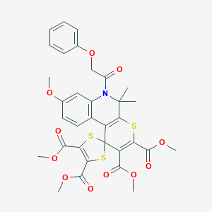 molecular formula C33H31NO11S3 B400345 Tetramethyl 8'-methoxy-5',5'-dimethyl-6'-(phenoxyacetyl)-5',6'-dihydrospiro[1,3-dithiole-2,1'-thiopyrano[2,3-c]quinoline]-2',3',4,5-tetracarboxylate 