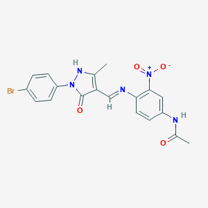 molecular formula C19H16BrN5O4 B400384 N-{4-({[1-(4-bromophenyl)-3-methyl-5-oxo-1,5-dihydro-4H-pyrazol-4-ylidene]methyl}amino)-3-nitrophenyl}acetamide 