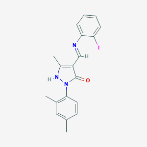 molecular formula C19H18IN3O B400537 2-(2,4-dimethylphenyl)-4-[(2-iodoanilino)methylene]-5-methyl-2,4-dihydro-3H-pyrazol-3-one 