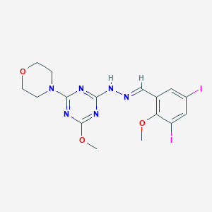 molecular formula C16H18I2N6O3 B400548 3,5-Diiodo-2-(methyloxy)benzaldehyde [4-(methyloxy)-6-morpholin-4-yl-1,3,5-triazin-2-yl]hydrazone 
