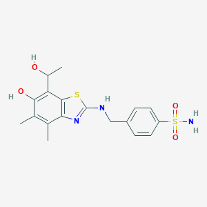 molecular formula C18H21N3O4S2 B040070 Benzenesulfonamide,4-[[[6-hydroxy-7-(1-hydroxyethyl)-4,5-dimethyl-2-benzothiazolyl]amino]methyl]- CAS No. 120164-58-1