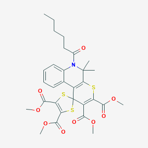 molecular formula C30H33NO9S3 B400740 tetramethyl 6'-hexanoyl-5',5'-dimethyl-5',6'-dihydrospiro[1,3-dithiole-2,1'-(1'H)-thiopyrano[2,3-c]quinoline]-2',3',4,5-tetracarboxylate 