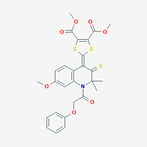 molecular formula C27H25NO7S3 B400955 DIMETHYL 2-[7-METHOXY-2,2-DIMETHYL-1-(2-PHENOXYACETYL)-3-THIOXO-2,3-DIHYDRO-4(1H)-QUINOLINYLIDEN]-1,3-DITHIOLE-4,5-DICARBOXYLATE 