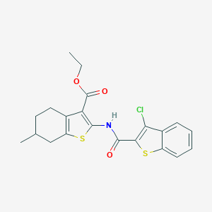 molecular formula C21H20ClNO3S2 B401004 ETHYL 2-(3-CHLORO-1-BENZOTHIOPHENE-2-AMIDO)-6-METHYL-4,5,6,7-TETRAHYDRO-1-BENZOTHIOPHENE-3-CARBOXYLATE 