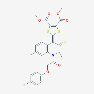 molecular formula C27H24FNO6S3 B401012 DIMETHYL 2-[1-[2-(4-FLUOROPHENOXY)ACETYL]-2,2,7-TRIMETHYL-3-THIOXO-2,3-DIHYDRO-4(1H)-QUINOLINYLIDEN]-1,3-DITHIOLE-4,5-DICARBOXYLATE 