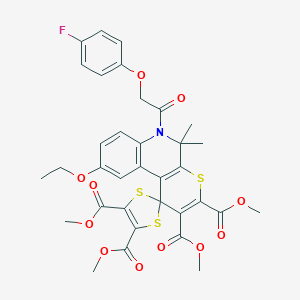 molecular formula C34H32FNO11S3 B401019 Tetramethyl 9'-ethoxy-6'-[(4-fluorophenoxy)acetyl]-5',5'-dimethyl-5',6'-dihydrospiro[1,3-dithiole-2,1'-thiopyrano[2,3-c]quinoline]-2',3',4,5-tetracarboxylate 