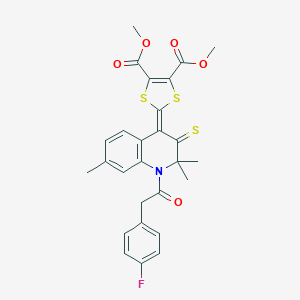 molecular formula C27H24FNO5S3 B401059 DIMETHYL 2-[1-[2-(4-FLUOROPHENYL)ACETYL]-2,2,7-TRIMETHYL-3-THIOXO-2,3-DIHYDRO-4(1H)-QUINOLINYLIDEN]-1,3-DITHIOLE-4,5-DICARBOXYLATE 