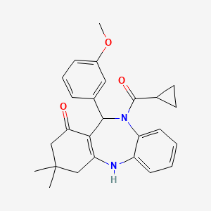 molecular formula C26H28N2O3 B4014471 cyclopropyl[1-hydroxy-11-(3-methoxyphenyl)-3,3-dimethyl-2,3,4,11-tetrahydro-10H-dibenzo[b,e][1,4]diazepin-10-yl]methanone 