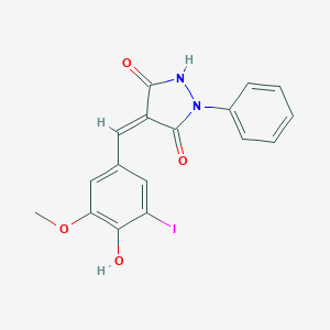 molecular formula C17H13IN2O4 B401556 (4Z)-4-[(4-hydroxy-3-iodo-5-methoxyphenyl)methylidene]-1-phenylpyrazolidine-3,5-dione 