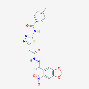 molecular formula C20H16N6O6S B401725 4-METHYL-N-[5-({N'-[(E)-(6-NITRO-2H-1,3-BENZODIOXOL-5-YL)METHYLIDENE]HYDRAZINECARBONYL}METHYL)-1,3,4-THIADIAZOL-2-YL]BENZAMIDE 