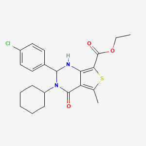 molecular formula C22H25ClN2O3S B4018236 Ethyl 2-(4-chlorophenyl)-3-cyclohexyl-5-methyl-4-oxo-1H,2H,3H,4H-thieno[3,4-D]pyrimidine-7-carboxylate 