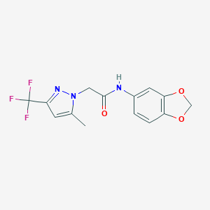 molecular formula C14H12F3N3O3 B402394 N-(1,3-benzodioxol-5-yl)-2-[5-methyl-3-(trifluoromethyl)-1H-pyrazol-1-yl]acetamide 