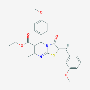 molecular formula C25H24N2O5S B402598 ETHYL (2Z)-5-(4-METHOXYPHENYL)-2-[(3-METHOXYPHENYL)METHYLIDENE]-7-METHYL-3-OXO-2H,3H,5H-[1,3]THIAZOLO[3,2-A]PYRIMIDINE-6-CARBOXYLATE 