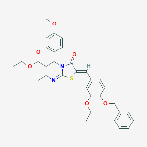 molecular formula C33H32N2O6S B402604 ETHYL (2Z)-2-{[4-(BENZYLOXY)-3-ETHOXYPHENYL]METHYLIDENE}-5-(4-METHOXYPHENYL)-7-METHYL-3-OXO-2H,3H,5H-[1,3]THIAZOLO[3,2-A]PYRIMIDINE-6-CARBOXYLATE 
