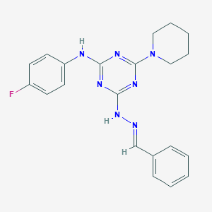 molecular formula C21H22FN7 B402707 Benzaldehyde [4-(4-fluoroanilino)-6-(1-piperidinyl)-1,3,5-triazin-2-yl]hydrazone 